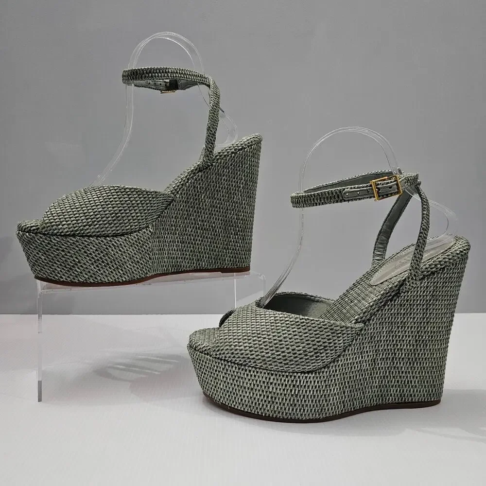 NEW Schutz Neith Straw Wedge Sandal Platform Green Raffia Size 9.5 - Picture 2 of 13